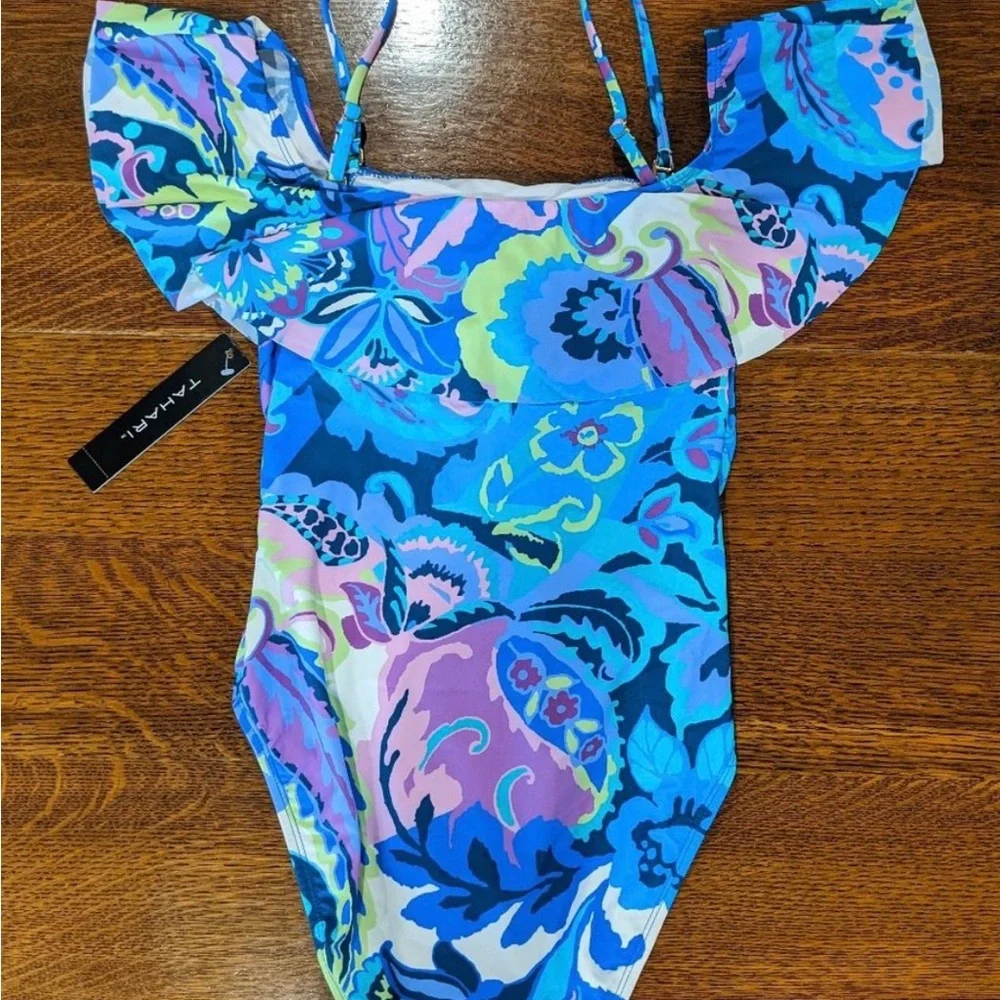 Tahari 1 Piece Swimsuit Juniors L NWT Off Shoulder Purple Blue - Picture 2 of 9